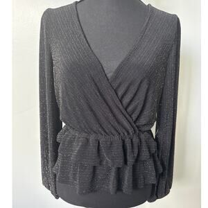 ModCloth Layered in Luminosity Black Metallic V Neck Peplum Stretch Top XS NWT